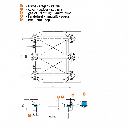 6015С Люк (лаз) прямоугольный нержавеющий — 430х730, DIN, AISI 304/AISI 316L